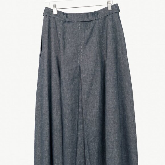 Max Mara Studio Blue Linen & Cotton Denim Belted Pleated Midi Skirt - Picture 2 of 10